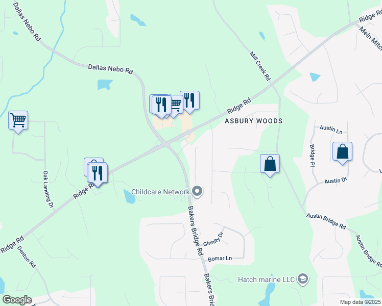 map of restaurants, bars, coffee shops, grocery stores, and more near 227 Charity Drive in Douglasville