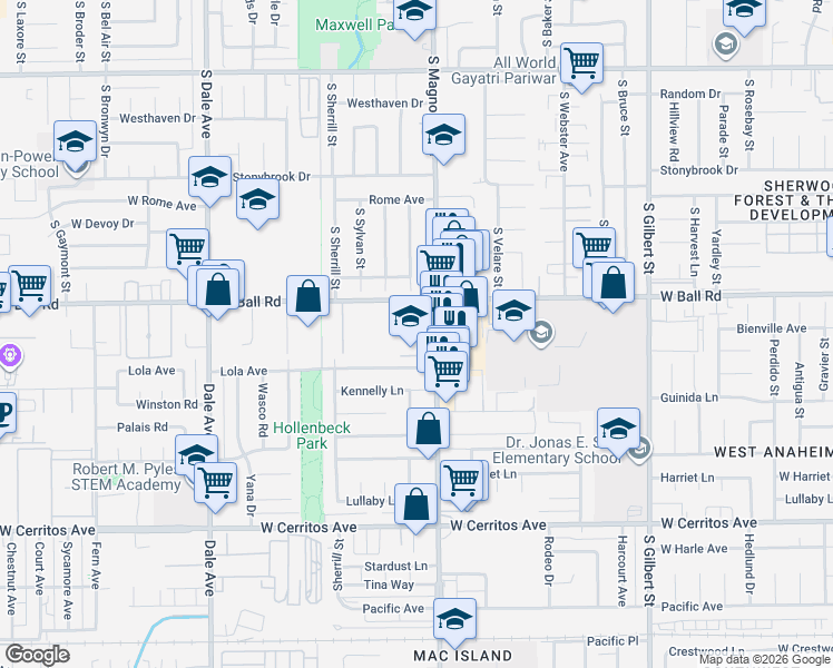 map of restaurants, bars, coffee shops, grocery stores, and more near 1239 South Magnolia Avenue in Anaheim