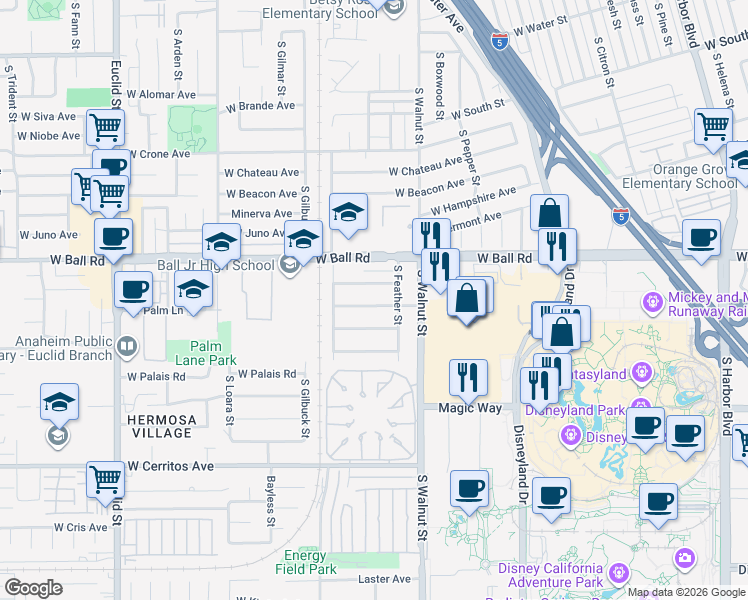 map of restaurants, bars, coffee shops, grocery stores, and more near 1323 Goodhue Avenue in Anaheim