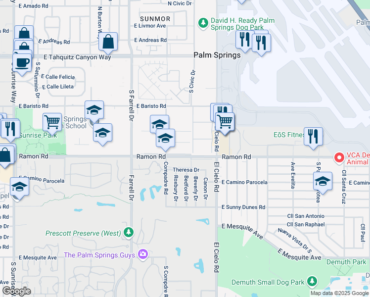 map of restaurants, bars, coffee shops, grocery stores, and more near 2900 Ramon Road in Palm Springs