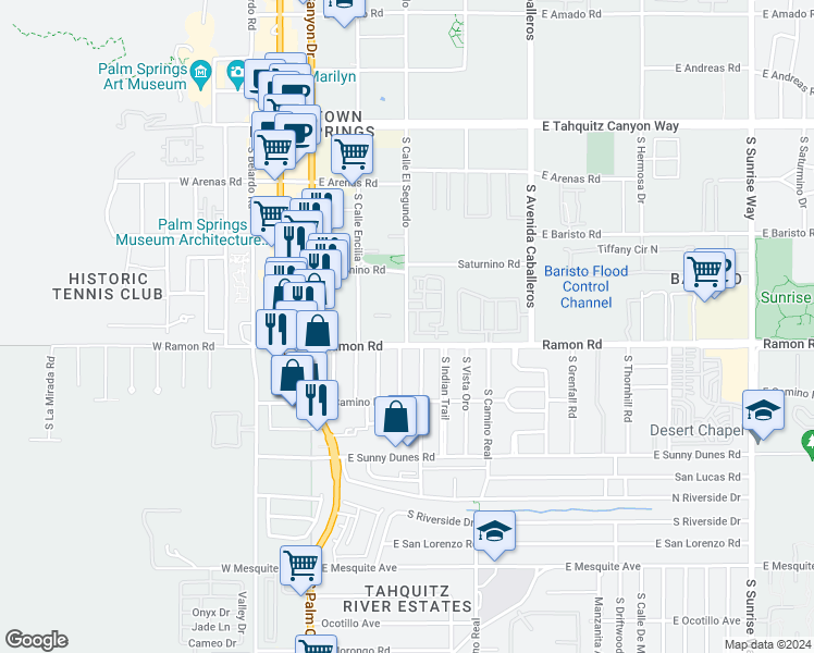 map of restaurants, bars, coffee shops, grocery stores, and more near 471 South Calle El Segundo in Palm Springs