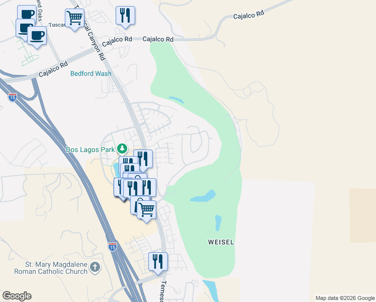 map of restaurants, bars, coffee shops, grocery stores, and more near 4350 Palazzo Lane in Corona