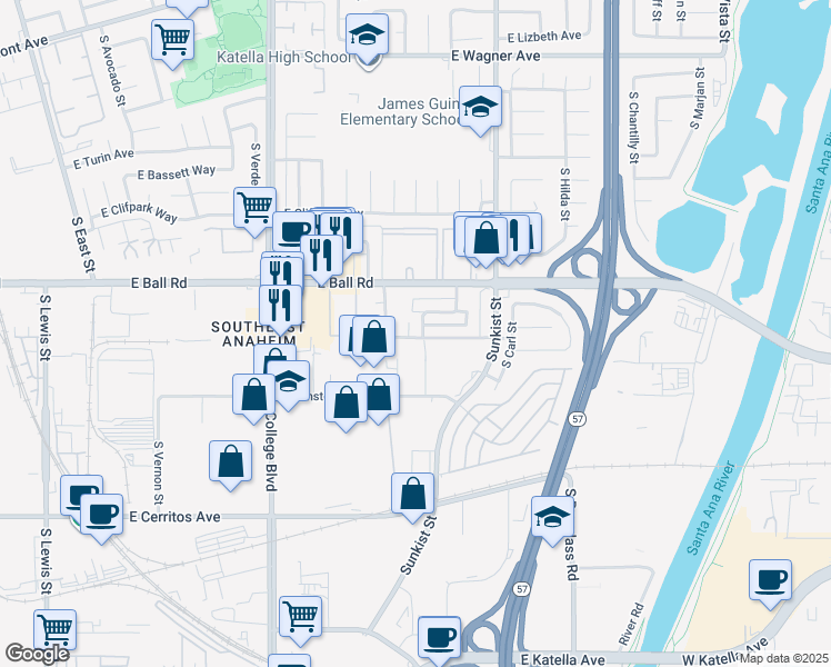 map of restaurants, bars, coffee shops, grocery stores, and more near 1261 South Simpson Circle in Anaheim