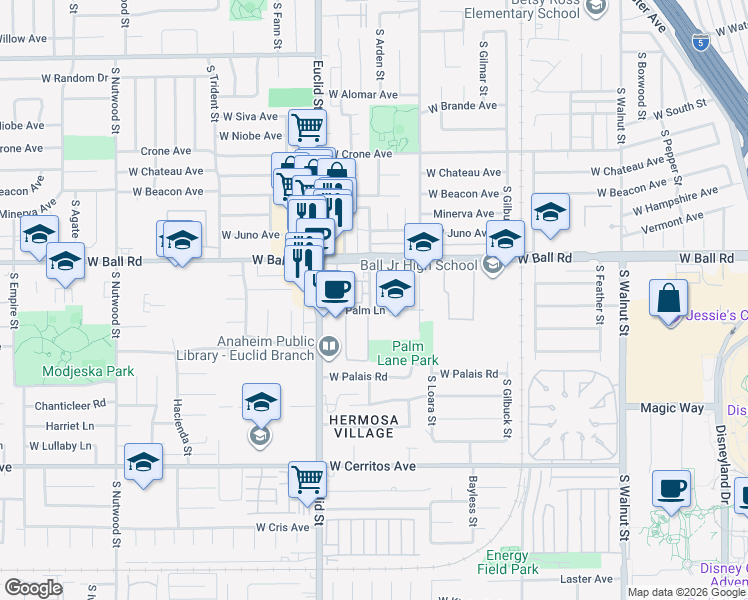 map of restaurants, bars, coffee shops, grocery stores, and more near 1649 West Palm Lane in Anaheim