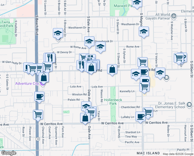 map of restaurants, bars, coffee shops, grocery stores, and more near 1230 South Dale Avenue in Anaheim
