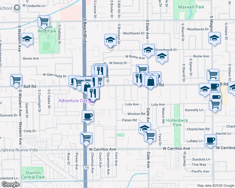 map of restaurants, bars, coffee shops, grocery stores, and more near 10150 Fern Avenue in Stanton