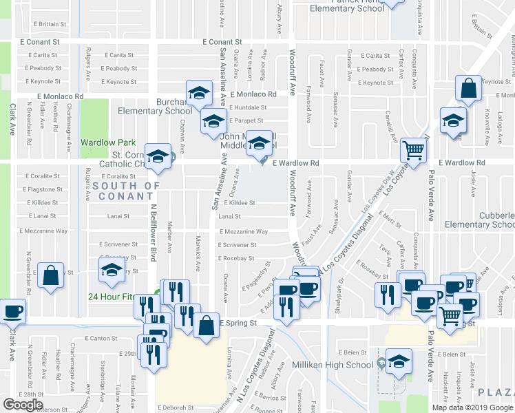 map of restaurants, bars, coffee shops, grocery stores, and more near 5809 Lanai Street in Long Beach