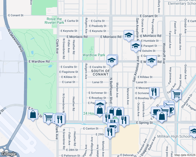 map of restaurants, bars, coffee shops, grocery stores, and more near 5335 Lanai Street in Long Beach