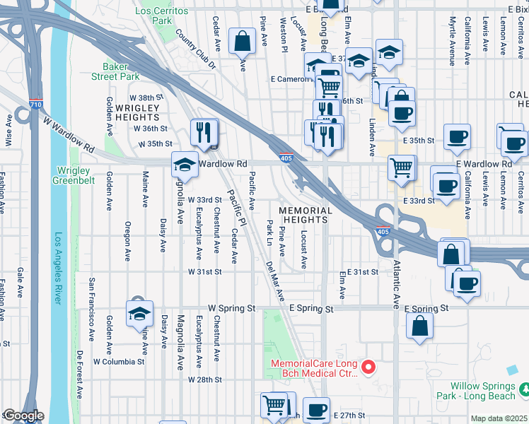 map of restaurants, bars, coffee shops, grocery stores, and more near 3242 Park Lane in Long Beach