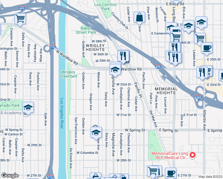 map of restaurants, bars, coffee shops, grocery stores, and more near 3225 Magnolia Avenue in Long Beach