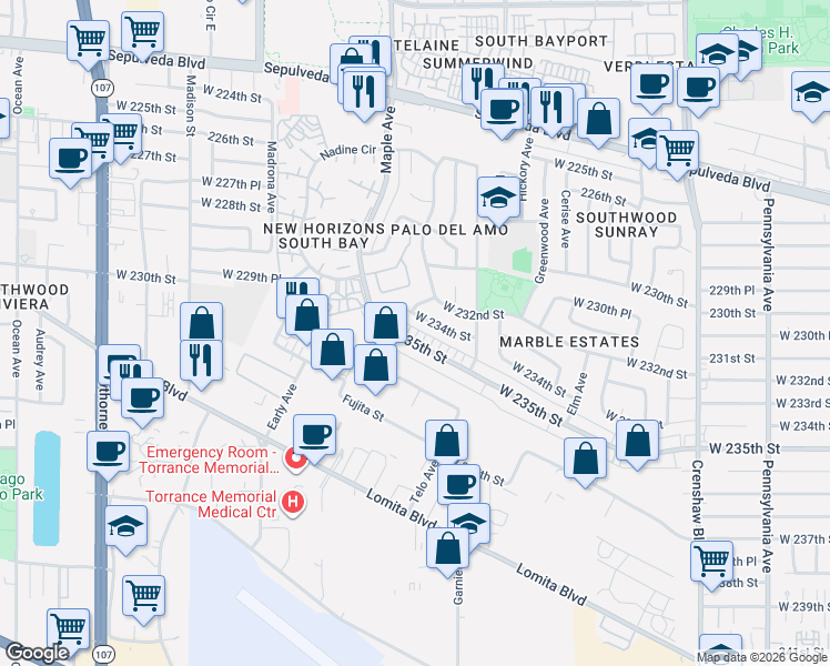 map of restaurants, bars, coffee shops, grocery stores, and more near 2940 West 235th Street in Torrance