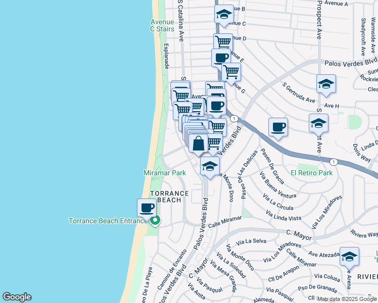 map of restaurants, bars, coffee shops, grocery stores, and more near 1900 Camino de la Costa in Redondo Beach
