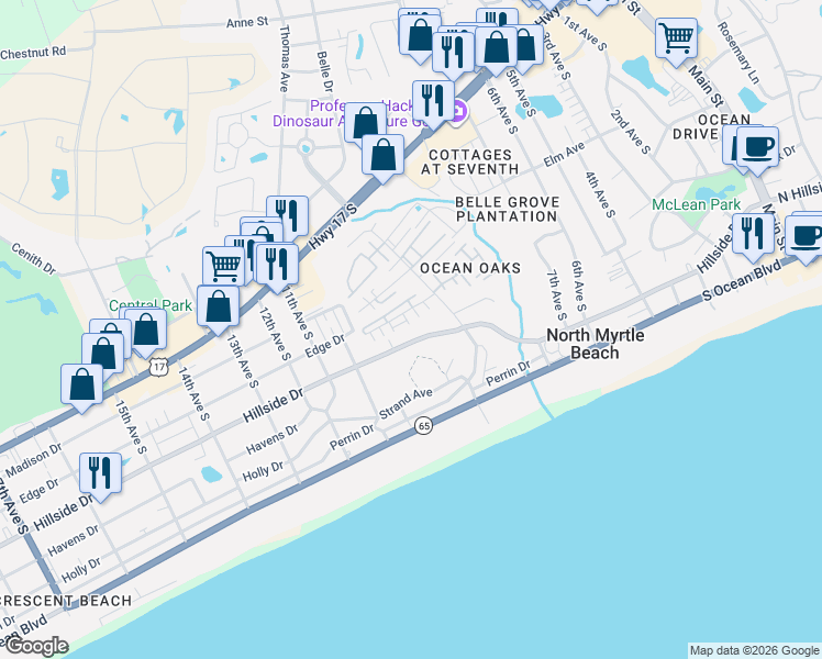 map of restaurants, bars, coffee shops, grocery stores, and more near 511 Seminole Circle in North Myrtle Beach