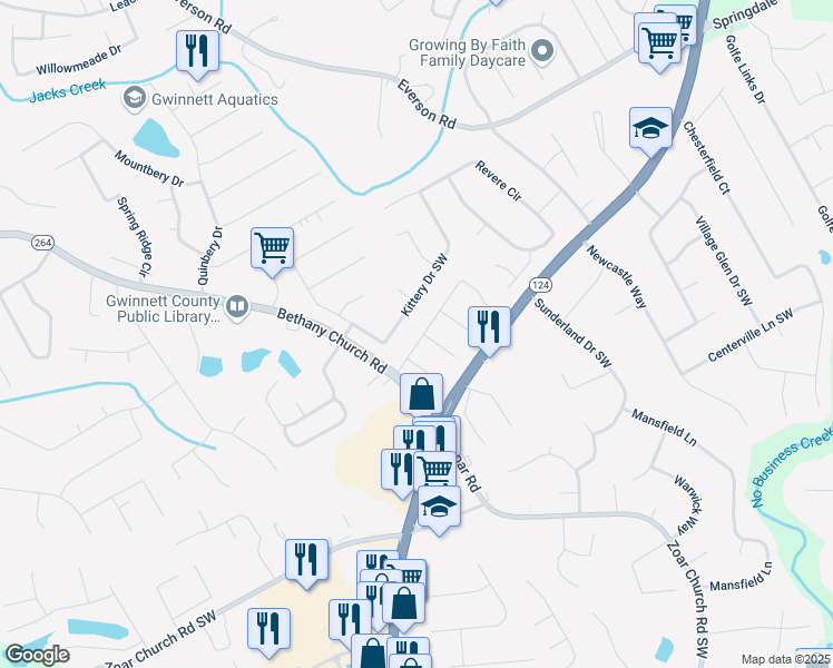 map of restaurants, bars, coffee shops, grocery stores, and more near 3861 Sunbridge Drive Southwest in Snellville