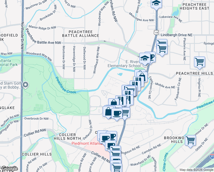 map of restaurants, bars, coffee shops, grocery stores, and more near 136 Peachtree Memorial Drive Northwest in Atlanta