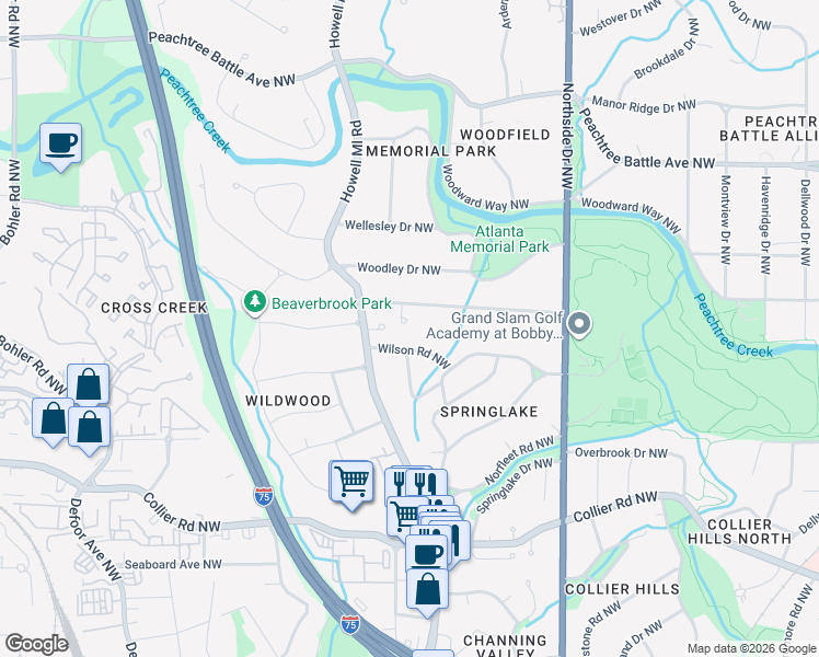 map of restaurants, bars, coffee shops, grocery stores, and more near 789 Wilson Road Northwest in Atlanta