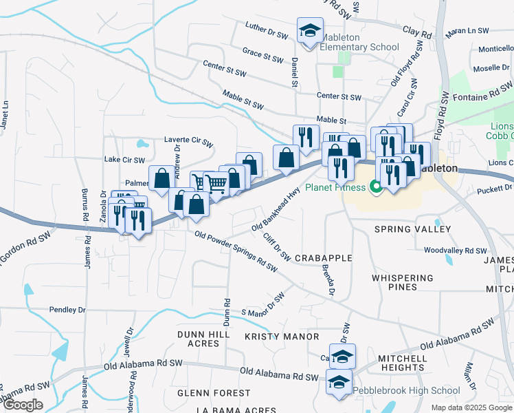 map of restaurants, bars, coffee shops, grocery stores, and more near 1140 Old Bankhead Highway in Mableton