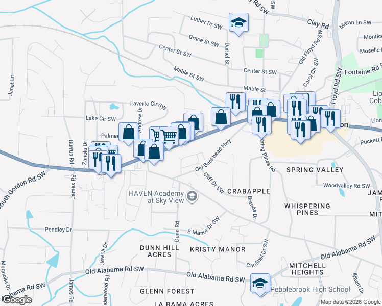 map of restaurants, bars, coffee shops, grocery stores, and more near 1140 Old Bankhead Highway in Mableton