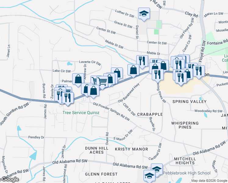 map of restaurants, bars, coffee shops, grocery stores, and more near 1140 Old Bankhead Highway in Mableton