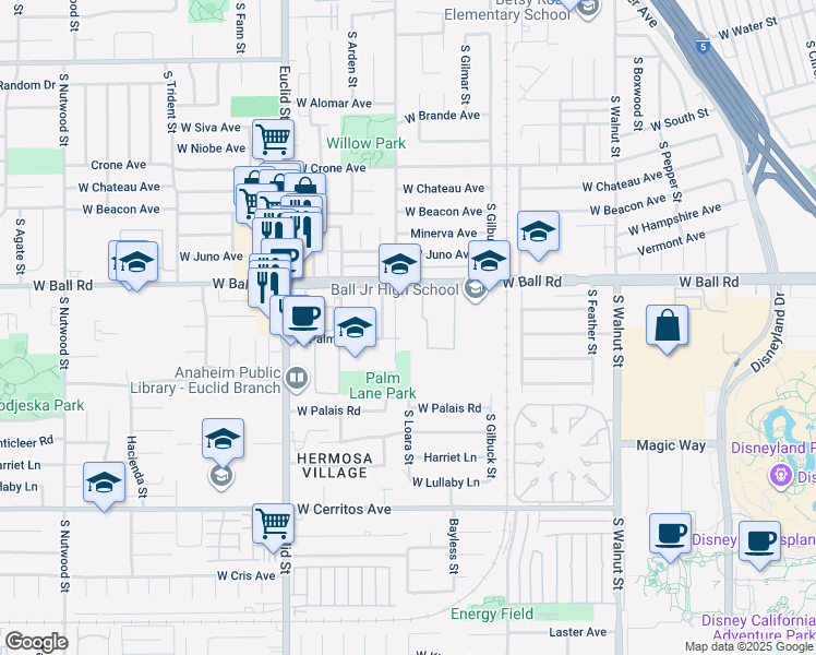 map of restaurants, bars, coffee shops, grocery stores, and more near 1590 West Palm Lane in Anaheim