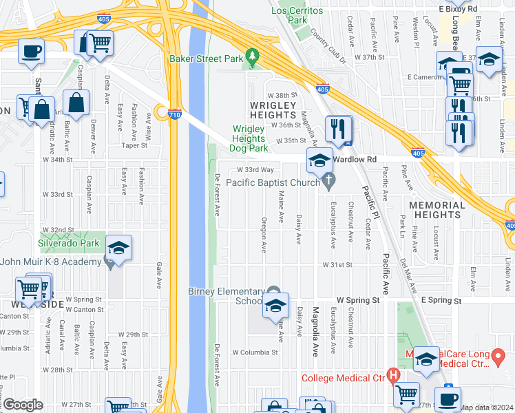 map of restaurants, bars, coffee shops, grocery stores, and more near 3249 Oregon Avenue in Long Beach