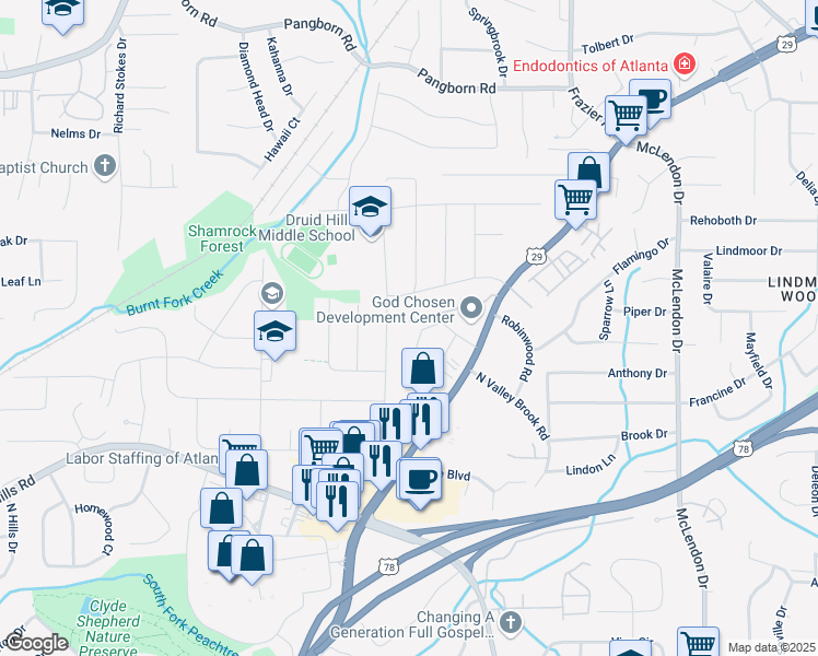 map of restaurants, bars, coffee shops, grocery stores, and more near 2390 Lawrenceville Highway in Decatur