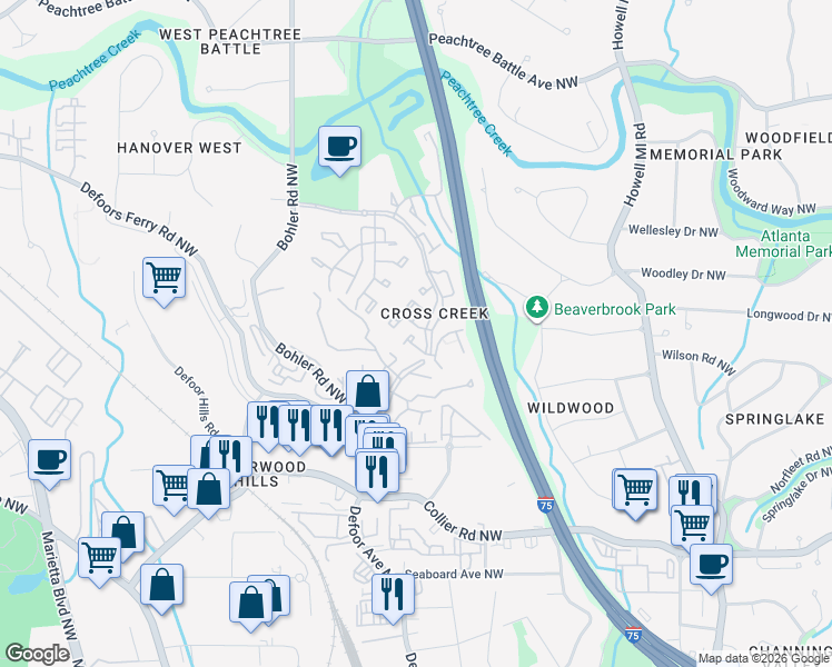 map of restaurants, bars, coffee shops, grocery stores, and more near 138 Maison Place Northwest in Atlanta