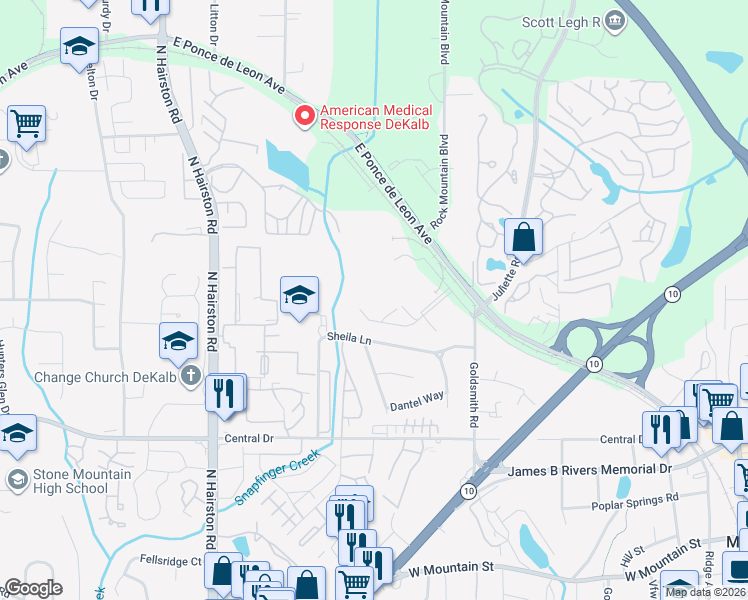map of restaurants, bars, coffee shops, grocery stores, and more near 5855 East Ponce de Leon Avenue in Stone Mountain