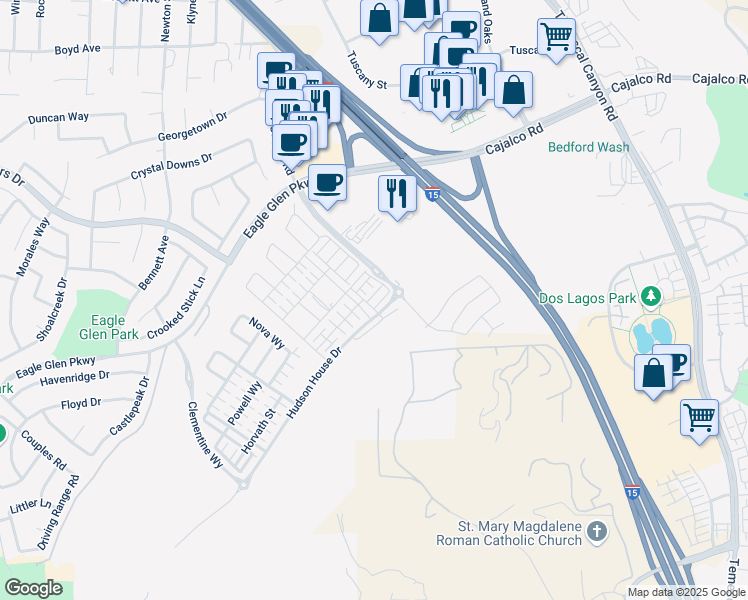 map of restaurants, bars, coffee shops, grocery stores, and more near 2615 Sprout Lane in Corona