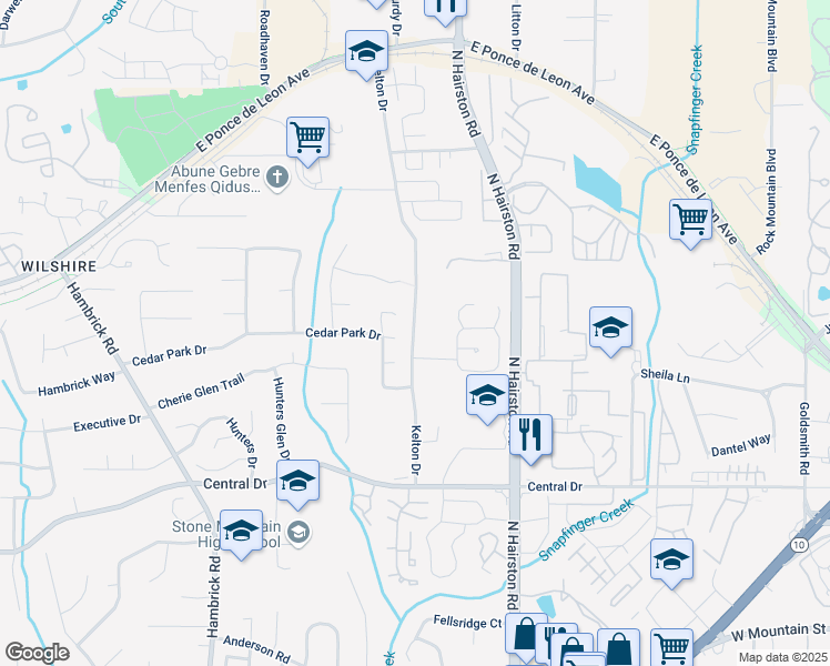 map of restaurants, bars, coffee shops, grocery stores, and more near 1251 Kelton Drive in Stone Mountain
