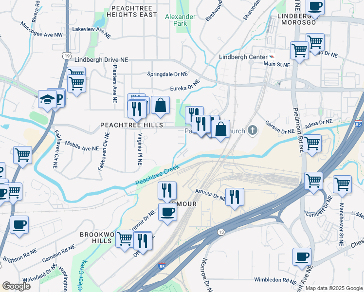 map of restaurants, bars, coffee shops, grocery stores, and more near 311 Peachtree Hills Avenue Northeast in Atlanta