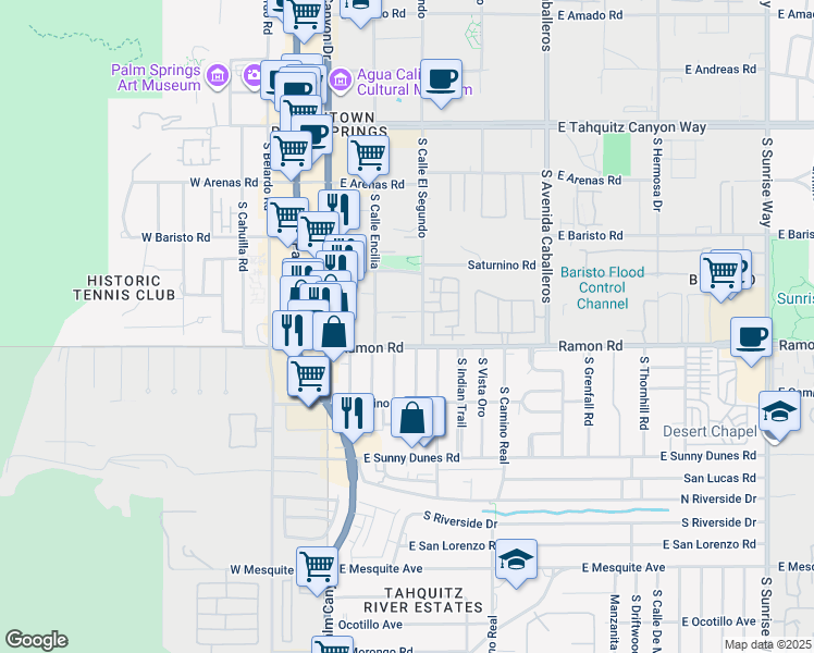 map of restaurants, bars, coffee shops, grocery stores, and more near 471 South Calle El Segundo in Palm Springs