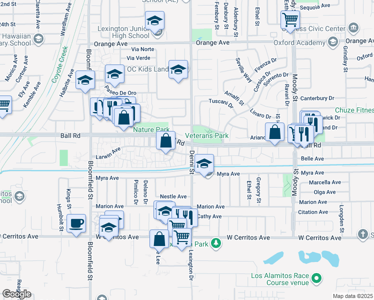map of restaurants, bars, coffee shops, grocery stores, and more near 4481 Larwin Avenue in Cypress