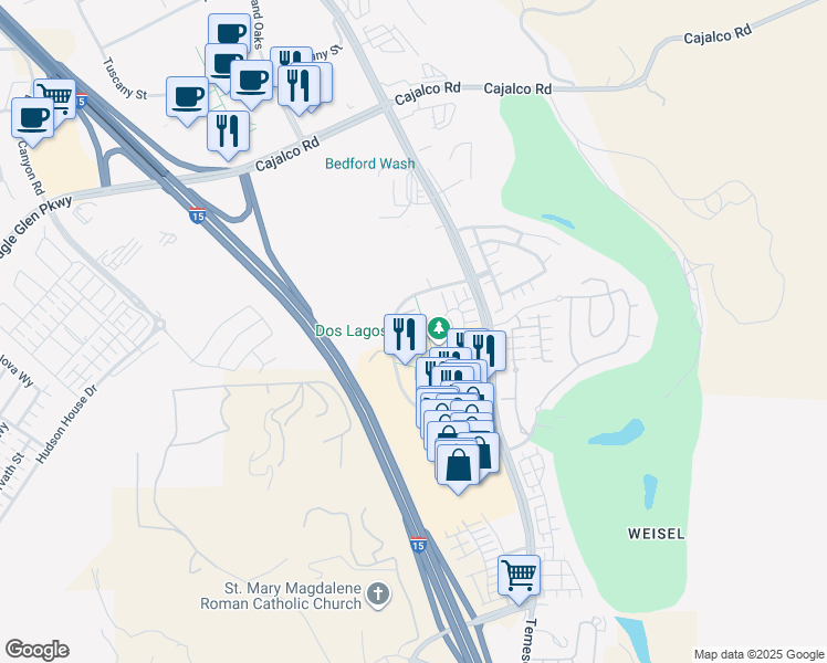 map of restaurants, bars, coffee shops, grocery stores, and more near 2708 Blue Springs Drive in Corona