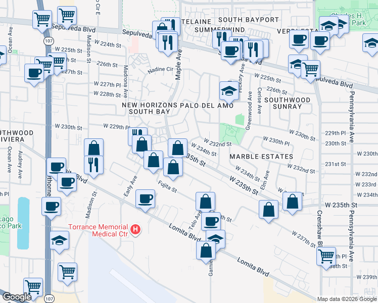 map of restaurants, bars, coffee shops, grocery stores, and more near 2935 West 235th Street in Torrance