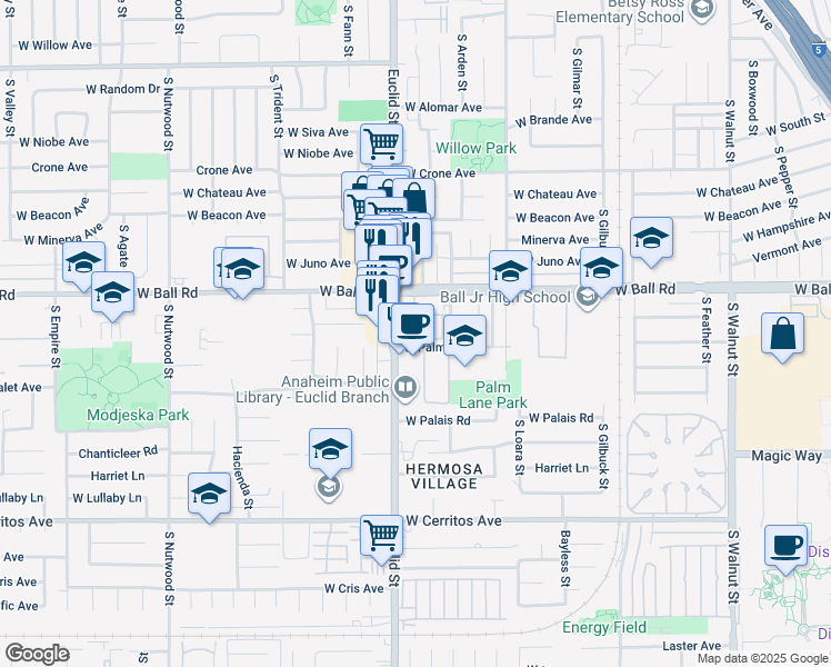 map of restaurants, bars, coffee shops, grocery stores, and more near 1250 South Euclid Street in Anaheim