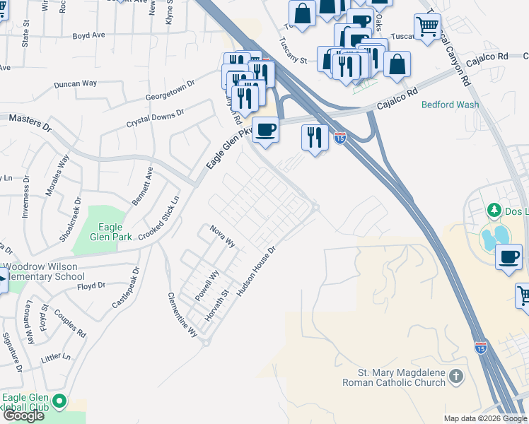 map of restaurants, bars, coffee shops, grocery stores, and more near 4029 Summer Way in Corona