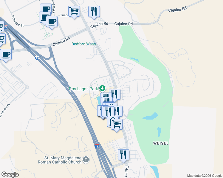 map of restaurants, bars, coffee shops, grocery stores, and more near Pronio Circle in Corona