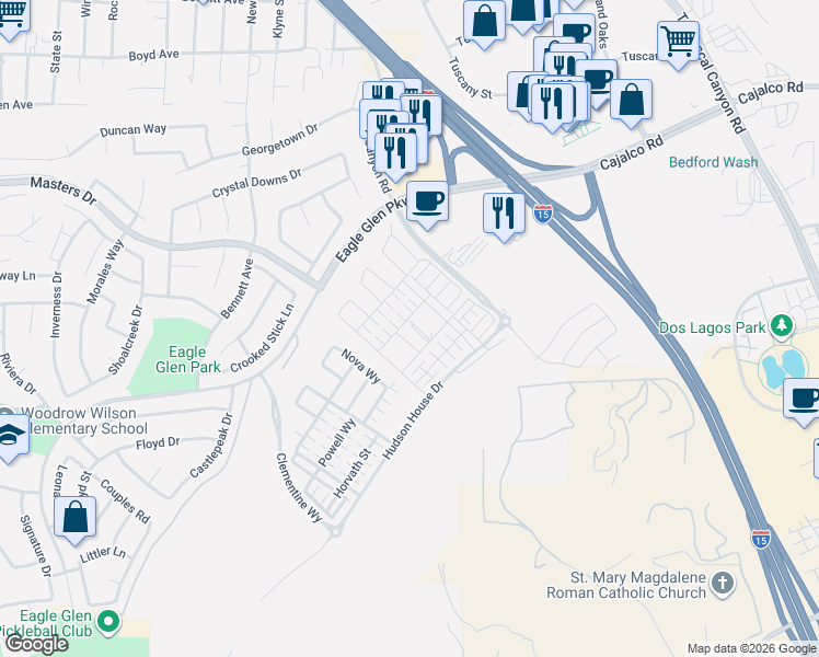 map of restaurants, bars, coffee shops, grocery stores, and more near 4010 Summer Way in Corona