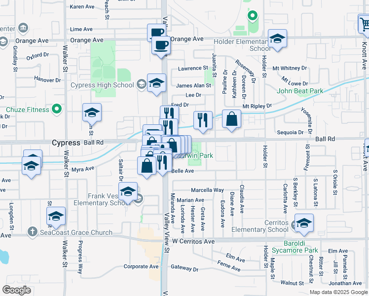 map of restaurants, bars, coffee shops, grocery stores, and more near 6150 Ball Road in Buena Park