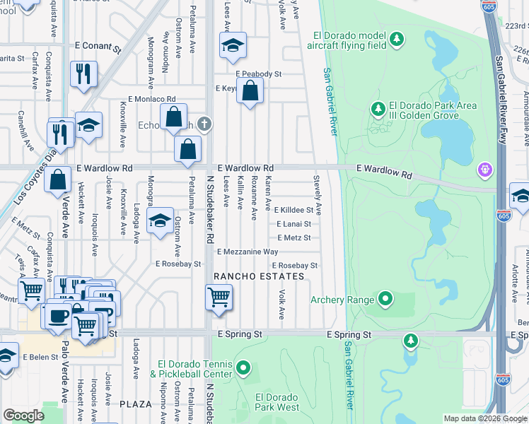 map of restaurants, bars, coffee shops, grocery stores, and more near 3269 Karen Avenue in Long Beach