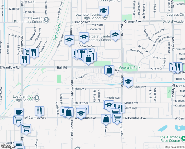 map of restaurants, bars, coffee shops, grocery stores, and more near 4192 Larwin Avenue in Cypress