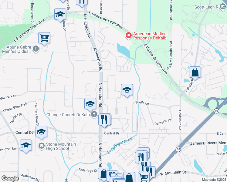 map of restaurants, bars, coffee shops, grocery stores, and more near 31 Chatfield Drive in Stone Mountain