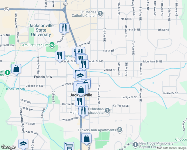 map of restaurants, bars, coffee shops, grocery stores, and more near 102 Church Avenue Southeast in Jacksonville