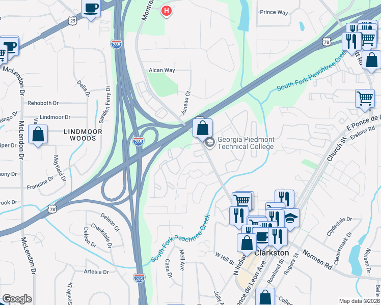map of restaurants, bars, coffee shops, grocery stores, and more near 3466 Andrew Jackson Drive in Clarkston