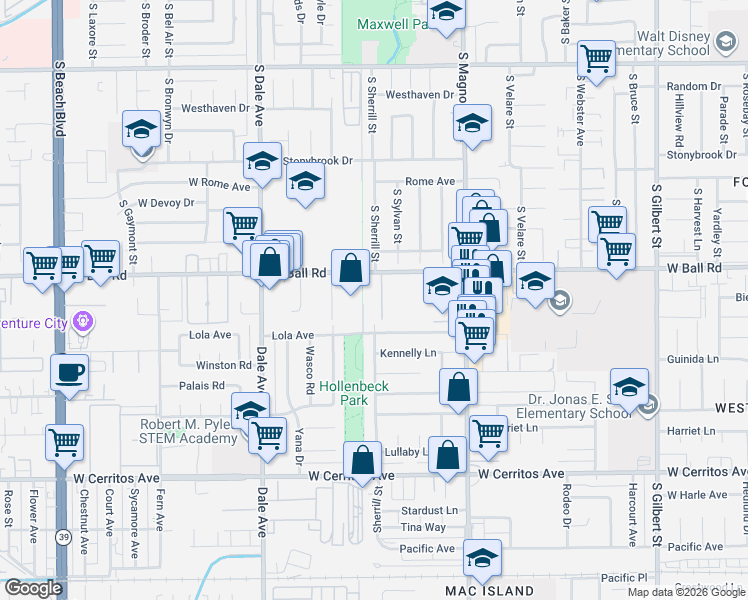 map of restaurants, bars, coffee shops, grocery stores, and more near 2704 West Ball Road in Anaheim