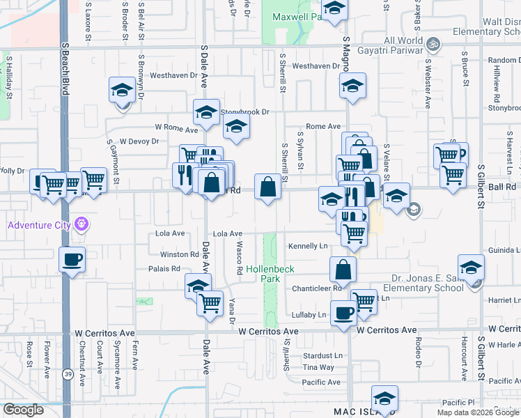 map of restaurants, bars, coffee shops, grocery stores, and more near 1276 South Macduff Street in Anaheim