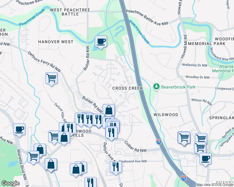 map of restaurants, bars, coffee shops, grocery stores, and more near 99 La Rue Place Northwest in Atlanta