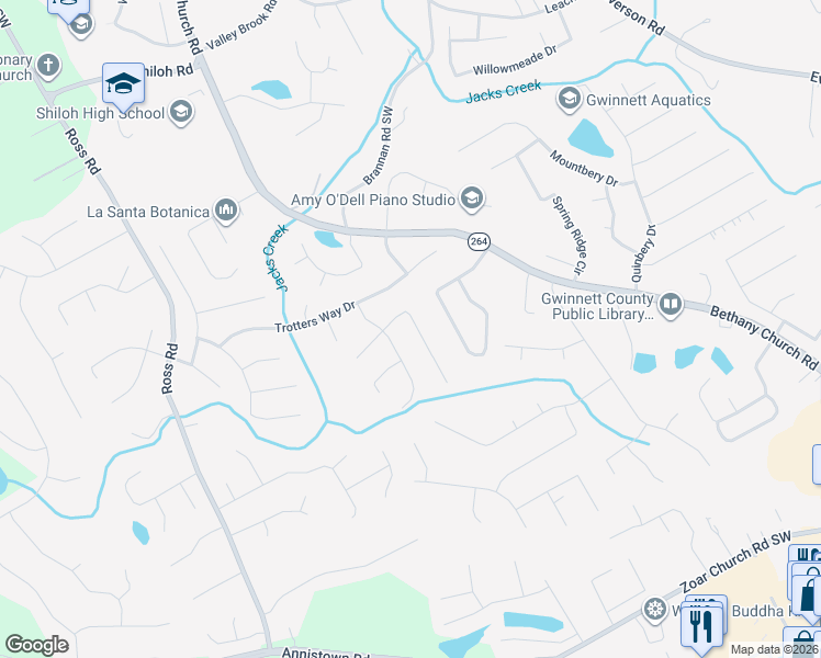map of restaurants, bars, coffee shops, grocery stores, and more near 4100 Bridlegate Way in Snellville