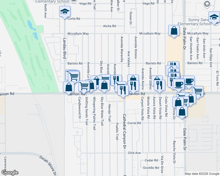 map of restaurants, bars, coffee shops, grocery stores, and more near 31920 Avenida El Mundo in Cathedral City